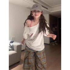 批发纯棉210克 <b class='q'>印花</b>+烫钻 斜肩抽绳宽松短袖<b class='q'>T</b><b class='q'>恤</b>女