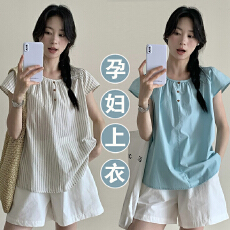 批发孕妇韩系简约百搭条纹飞袖小衫<b class='q'>夏</b>通勤显瘦设计感宽松慵懒上衣