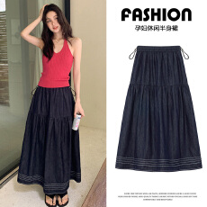 批发孕妇复古高腰<b class='q'>百搭</b>a字半裙中长款2026夏新款小个子明线设计感长裙