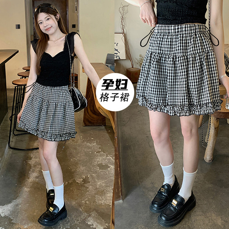 지금 임산부 레트로 블랙 체크무늬 목이버섯 레이스 반신 스커트 여름 다용도 작은 키 노출 방지 한 마디 미니 스커트