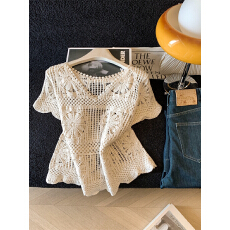 实拍法式V领薄款镂空短袖针织衫女2026春夏新款外搭叠穿罩衫上衣