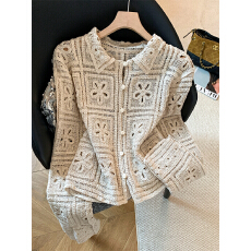 批发实拍法式复古提花<b class='q'>镂空</b>翻领衬衫夏季慵懒风高级感宽松针织<b class='q'>开衫</b>上衣