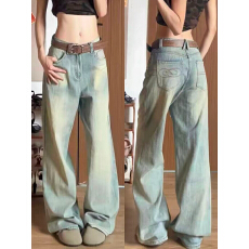 批发美式复古怀旧色直筒牛仔<b class='q'>裤</b>女秋冬新款大码胖mm高腰显瘦阔腿拖地<b class='q'>裤</b>