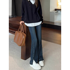 批发深蓝色开叉微喇牛仔<b class='q'>裤</b>女秋冬新款胖妹妹mm梨形身材高腰显瘦喇叭<b class='q'>裤</b>