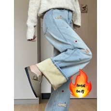 批发设计感腊肠狗刺绣牛仔<b class='q'>裤</b>女冬季加绒胖妹妹mm高腰宽松显瘦阔腿长<b class='q'>裤</b>