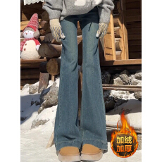 批发复古蓝不贴腿微喇牛仔裤女秋冬加绒大码<b class='q'>胖</b><b class='q'>mm</b><b class='q'>梨形</b>身材显瘦喇叭裤子