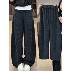 批发高级感羊毛呢条纹慵懒风2025秋<b class='q'>冬</b>胖m'm弯刀松紧高腰宽松阔腿裤子