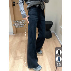 批发黑色不贴腿微喇<b class='q'>牛仔</b>裤女春秋胖MM大码梨形身材遮胯显瘦高腰阔腿裤