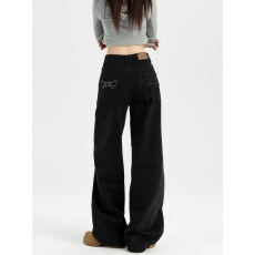 批发慵懒感黑色窄版阔腿<b class='q'>牛仔裤</b>女春大码胖mm高腰宽松显瘦垂感直筒裤子