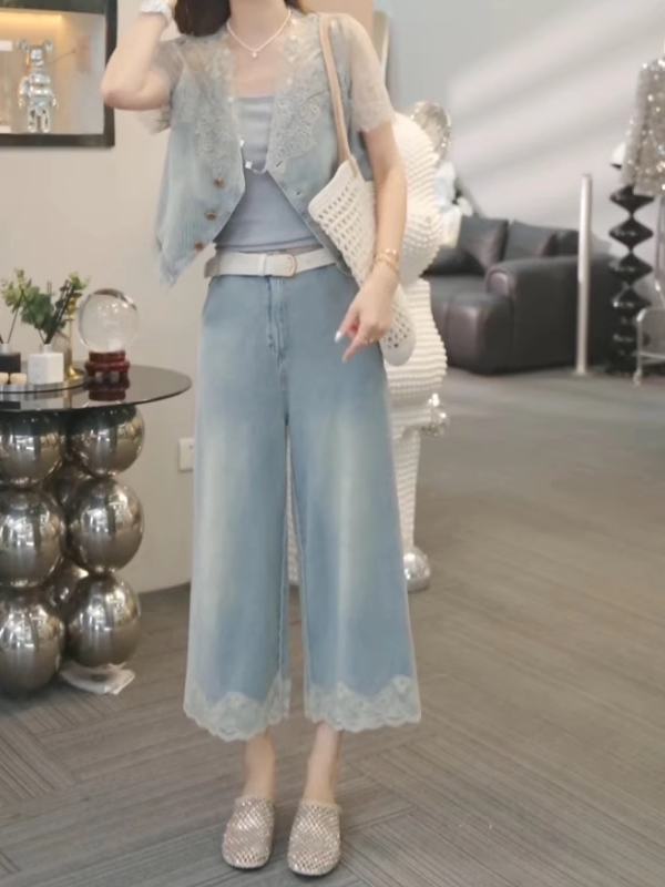 작은 키 8 점 넓은 다리 청바지 여성 빅 사이즈 지방 mm 얇은 스타일 여름 레이스 조각 스트레이트 바지 루즈핏 트렌디