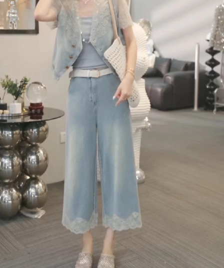 작은 키 8 점 넓은 다리 청바지 여성 빅 사이즈 지방 mm 얇은 스타일 여름 레이스 조각 스트레이트 바지 루즈핏 트렌디