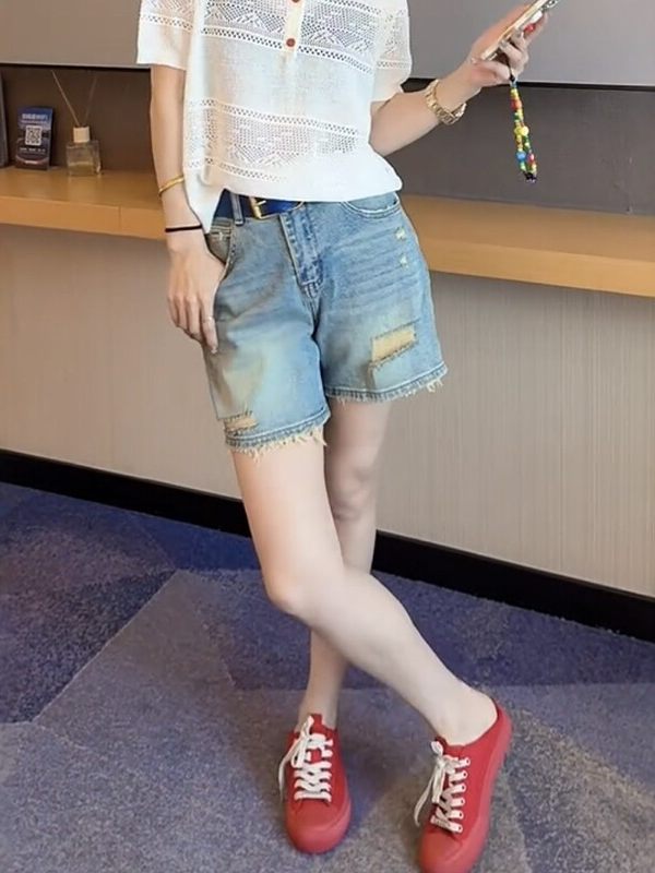 여름 새로운 다용도 찢어진 부분 스트레이트 데님 반바지 여성 통통한 여동생 하이웨이스트 슬림해 보이는 루즈핏 한 마디 넓은 다리가 짧다. 바지