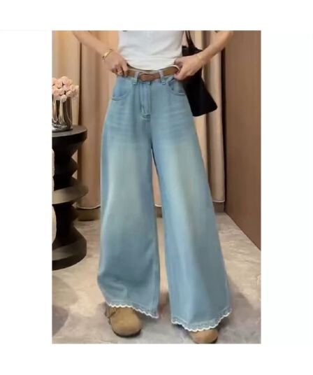 빅 사이즈 레이스 바지 루즈핏 넓은 다리 청바지 여성 한 부서 품격 슬림해 보이는 다용도 슬림해 보이는 패션 바지