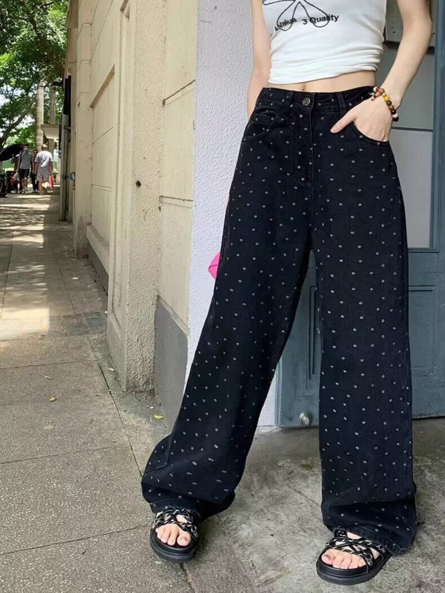 검정색 도트 무늬 프린트 스트레이트 청바지 여성 여름 새로운 통통한 여동생 mm 하이웨이스트 루즈핏 표지 넓적 다리 넓은 다리 길이 바지