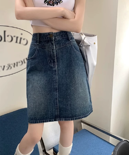 2026 년 여름 새로운 빅 사이즈 5 점 데님 반신 미니 스커트 여성 통통한 여동생 레트로 슬림해 보이는 캐주얼 중간 스커트 트렌디