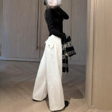 批发白色阔腿牛仔裤女夏季新款胖妹妹mm<b class='q'>高腰</b>宽松显瘦设计感弯刀拖地裤