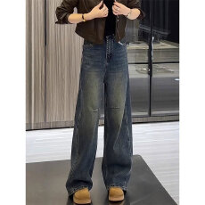 批发XTT444246/54阔腿牛仔裤女遮胯显瘦冬季新款加绒高腰弯刀裤子