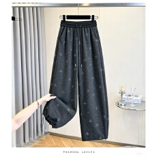 批发满天星烫钻阔腿卫裤女秋冬新款宽松休闲直筒高腰显瘦弯刀阔腿裤子