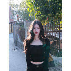 批发Fart Shop小漫秋曲 含胸垫方领T恤秋冬收腰褶皱基础打底衫