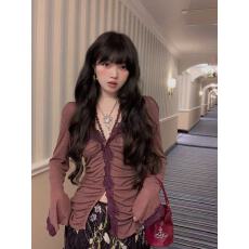 批发Chipchipshop 紫藤衣 灰紫色长袖修身弹力微透上衣/开衫