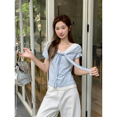 12016#短袖t恤女夏季新款独特别致气质修身假两件显瘦上衣