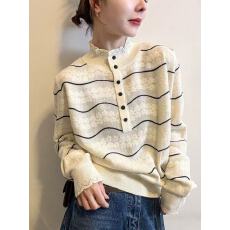 批发半开领设计感半高领长袖条纹蕾丝针织衫秋冬毛衣<b class='q'>上衣</b><b class='q'>欧根纱</b>