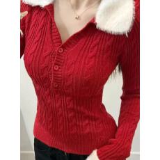 圣诞节穿搭新年红色翻领打底毛衣女秋冬季修身显瘦内搭针织衫上衣