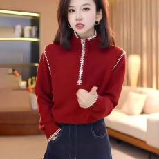 江洲JIANGZ秋冬红色半拉链针织衫宽松慵懒显瘦圣诞红穿搭套头毛衣