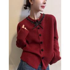 批发欧洲站2025冬季<b class='q'>韩版</b>时尚圆领亮片系带单排扣净版针织衫<b class='q'>毛衣</b>开衫潮