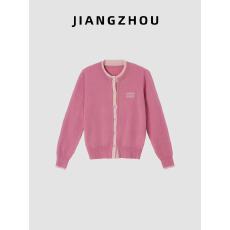 批发江洲JIANGZ 春季新款撞色圆领粉色长袖针织开衫女薄款假两件上衣