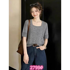 批发灰色方领镂空针织衫女夏季薄款软糯休闲<b class='q'>打底衫</b>高级感短袖T恤上衣