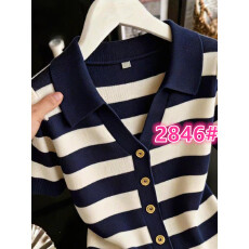 批发2026夏季新款条纹翻领短袖t恤女轻奢小众时髦小衫气质显瘦上衣女