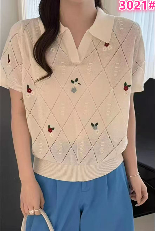 한국 스타일 POLO 칼라 꽃 자수 홀로우 아웃 링 그리드 얼음 실크 니트 반팔 2026 여름 새로운 여성 연령 감소 맨위
