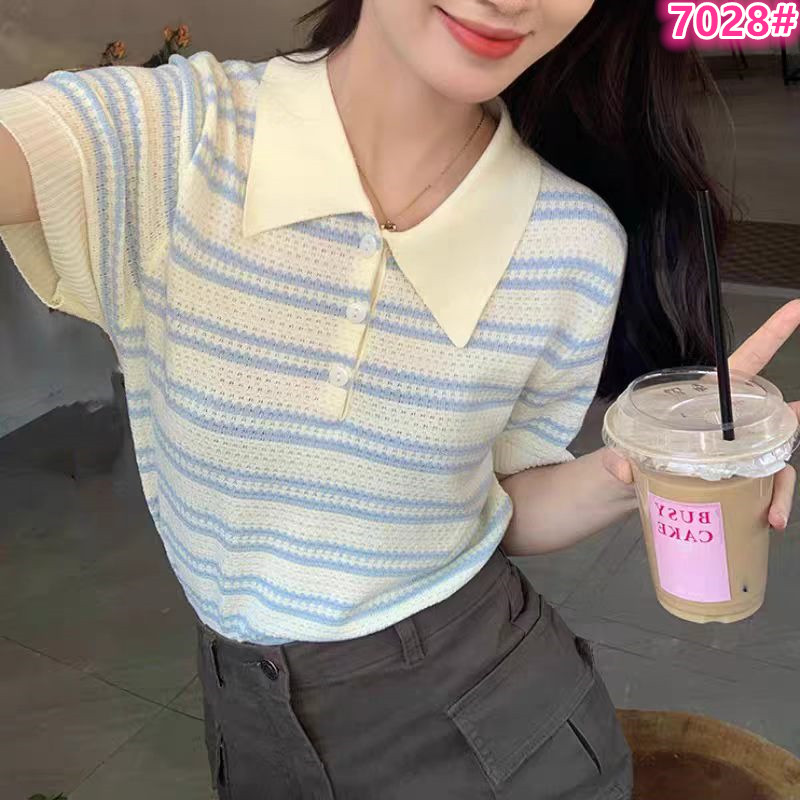 학원 스타일 연령 감소 소녀 센스 작은 키 스트라이프 맨위 POLO 칼라 디자인 센스 몸매 가꾸기 여름 얇은 스타일 니트 스웨터