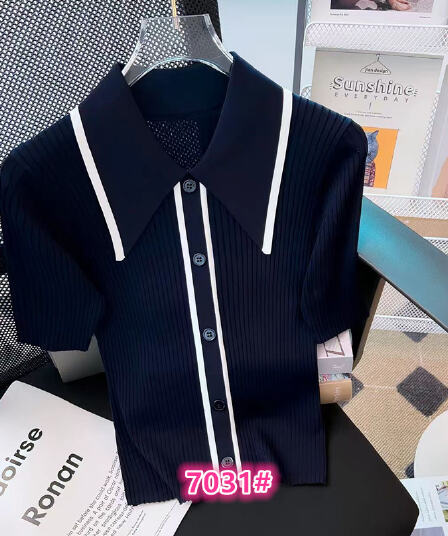 고급 센스 품격 폴로 칼라 배색 싱글 줄 버튼 몸매 가꾸기 쇼트 스타일 니트 스웨터 polo 반팔 맨위