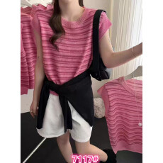 批发夏季新款冰麻针织背心女外穿韩系宽松飞飞袖枚粉色条纹无袖T恤女
