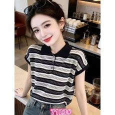 批发韩版独特撞色条纹翻领针织衫女夏季新款设计感休闲百搭透气小上衣