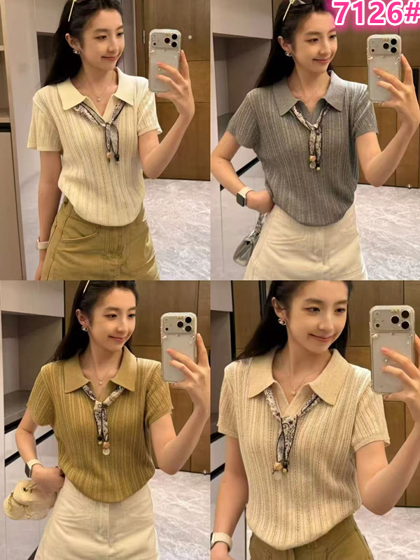 홀로우 아웃 얼음 실크 아마 니트 스웨터 반팔 여름 폴로 칼라 품격 POLO 칼라 레이스업 오래된 돈 바람 맨위 여성 작은 셔츠
