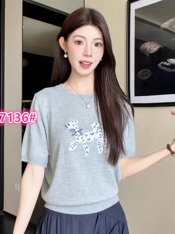 ziyi 강아지 자카드 라운드 넥 연령 감소 반팔 니트 스웨터 여성 여름 다용도 캐주얼 맨위 zz-0202