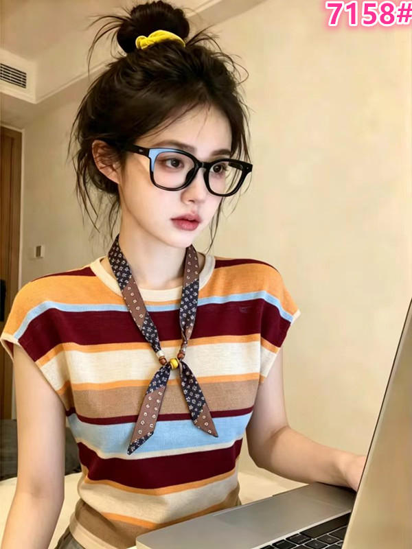 보존 섹션 추천 배색 스트라이프 라운드 넥 작은 날다 소매 티셔츠 여성 여름 새로운 경기 스카프 캐주얼 얇은 스타일 맨위