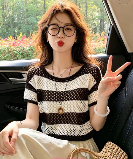 프랑스식 홀로우 아웃 스트라이프 반팔 라운드 넥 니트 스웨터 여성 여름 2026 새로운 외국 가스 다용도 망상 풀오버 맨위