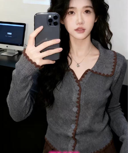 아름다운 한 부서 회색 폴로 칼라 Chic 만나는 니트 오픈 가디건 여성 몸매 가꾸기 디자인 센스 chic 배색 스웨터 맨위