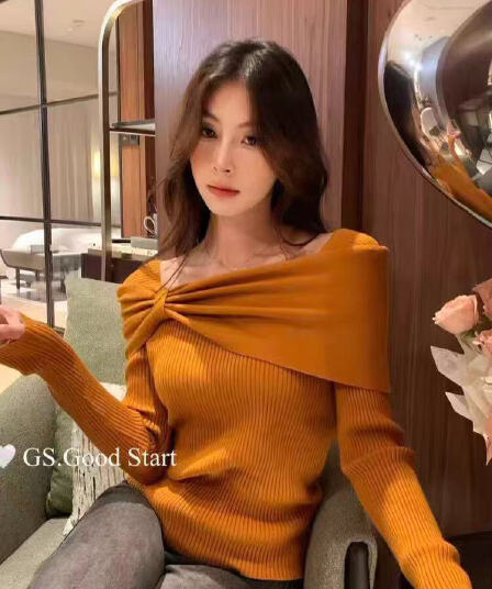 항저우 새로운 의미 법 고급 여성 의류 비틀림 보트넥 긴팔 털 니트 스웨터 인사이드 가져 가라. 만나는 호박 주황색 맨위