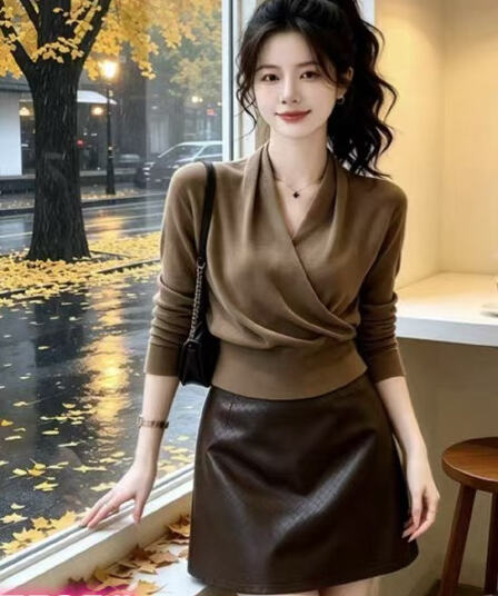 2026 봄 가을 새로운 디자인 센스 빛 럭셔리 레트로 투피스 세트 V넥 니트 맨위 하이웨이스트 반신 치마 세트 트렌디