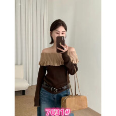 批发简爱JA法式一字肩<b class='q'>荷叶边</b>御姐拼色针织衫女修身显瘦设计感<b class='q'>毛衣</b>上衣