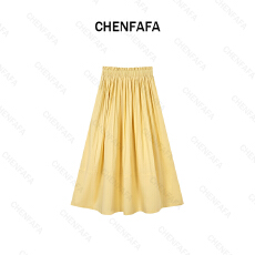 批发2026年早春压褶木耳边鹅黄色半身裙女中长款高腰伞裙