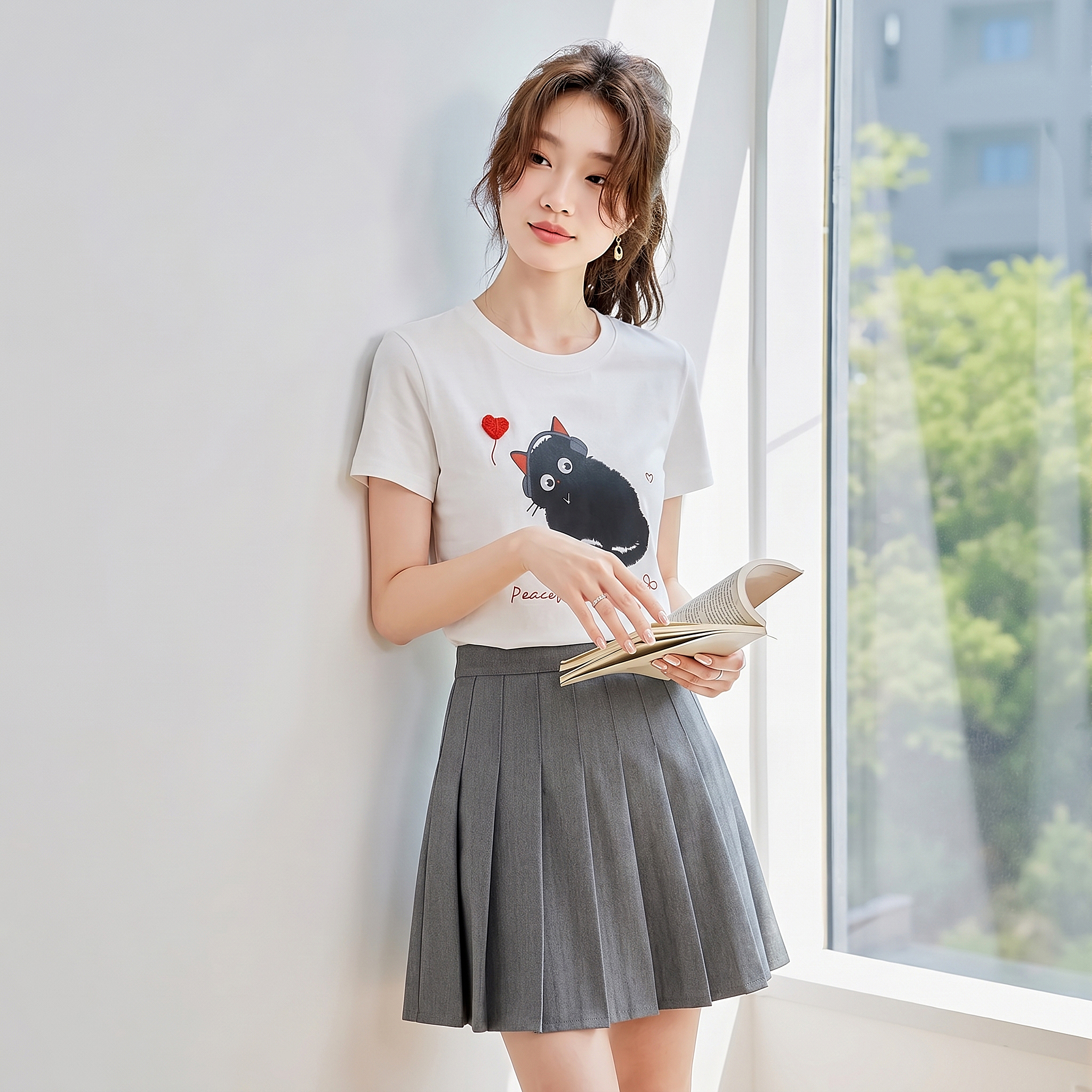2026 새로운 만화 고양이 쇼트 스타일 티셔츠 여성용 짧은 소매 여름 새로운 긍정적 인 어깨 몸매 가꾸기 슬림해 보이는 다용도 맨위