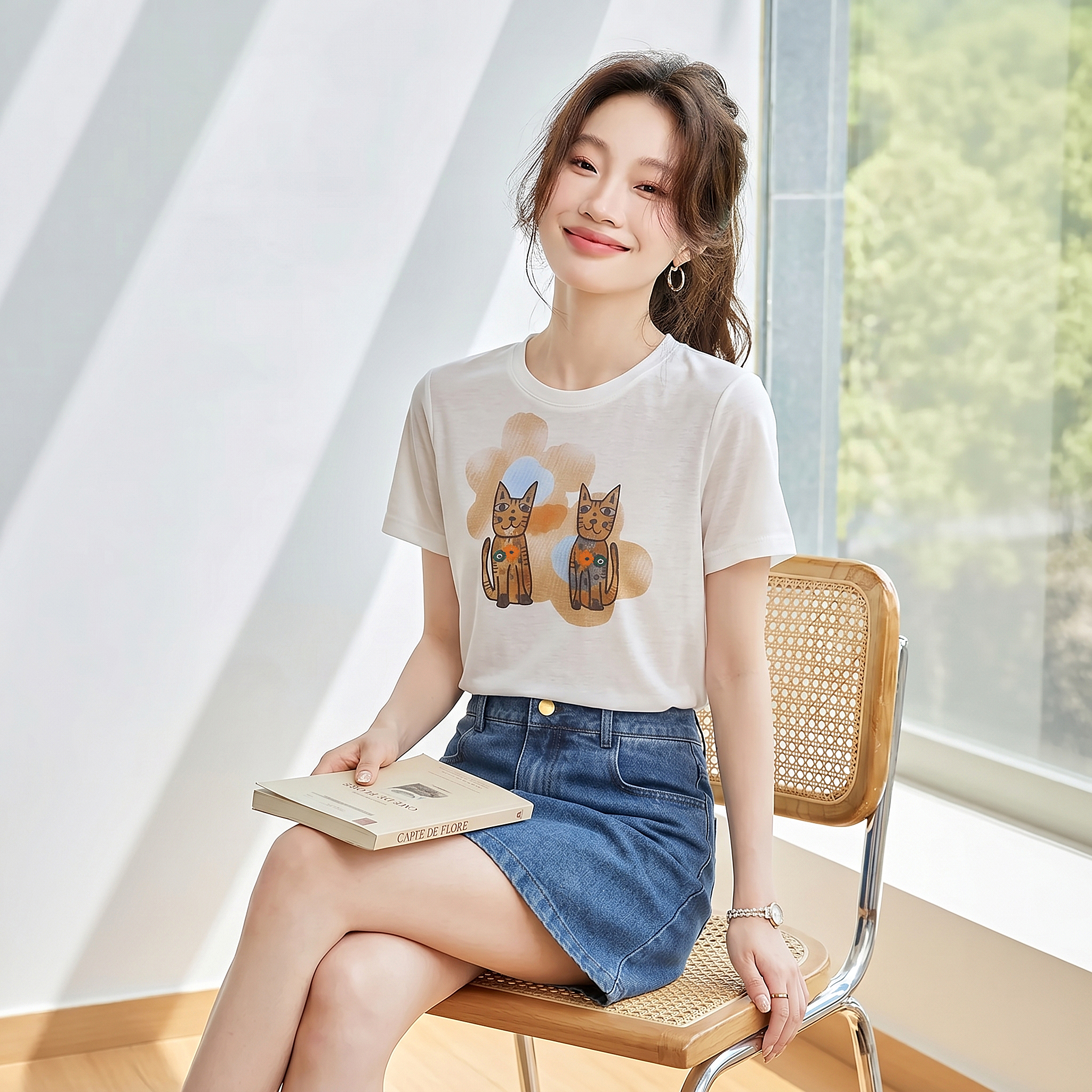 라이 경기 서울 차가운 센스 자외선 차단 2026 새로운 만화 고양이 프린트 라운드 넥 반팔 티셔츠 여성 몸매 가꾸기 얇은 스타일 맨위