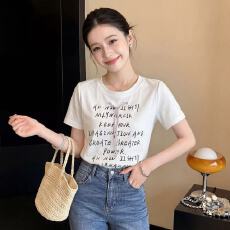 批发<b class='q'>实拍</b>白色圆领短袖T恤女2026夏季新款字母印花修身内搭辣妹上衣