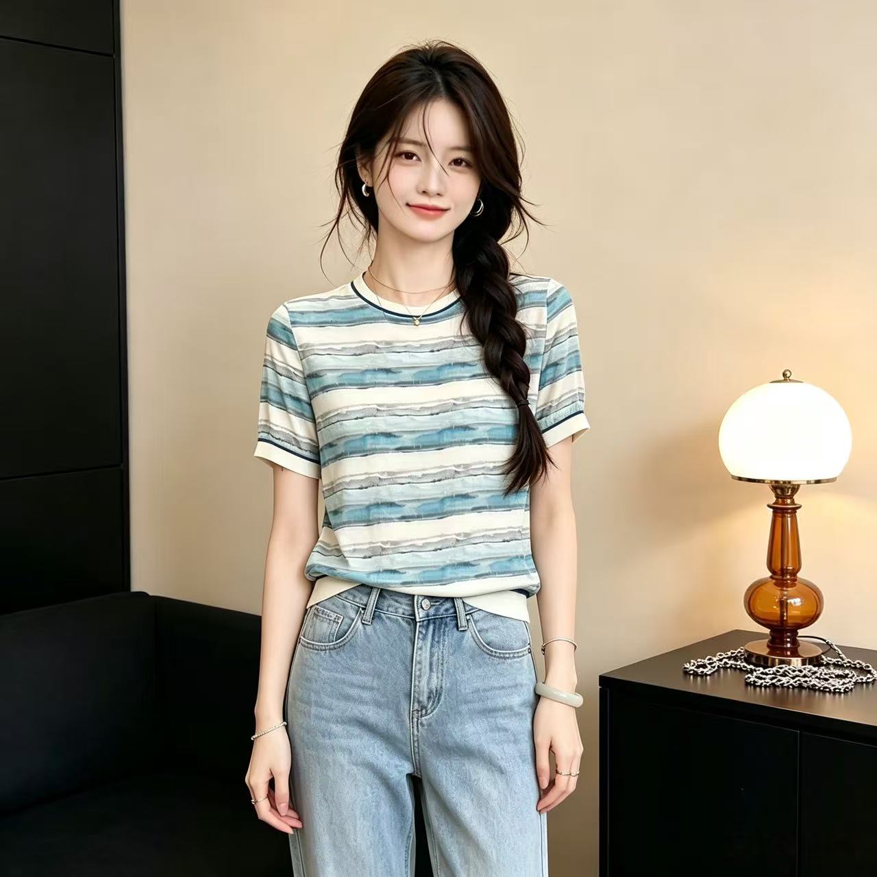 실크 맨위 여성용 짧은 소매 그라데이션 스트라이프 프린트 작은 셔츠 2026 여름 새로운 리브 반소매 뽕나무 누에 실크 티셔츠